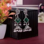 Oxidised Silver Green Stone Parrot Design Jhumka Earrings for Women & Girls