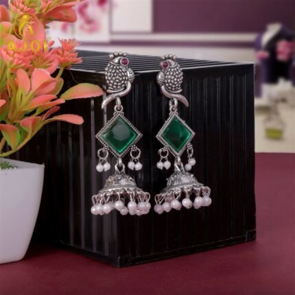 Oxidised Silver Green Stone Parrot Design Jhumka Earrings for Women & Girls
