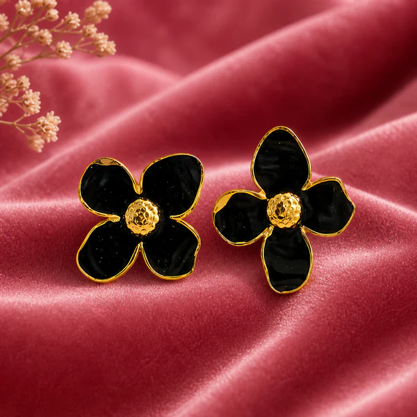 Black Floral Enamel Stud Earrings for Women Elegant Anti Tarnish Daily Wear - Image 6