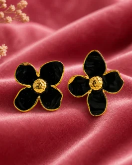 Black Floral Enamel Stud Earrings for Women Elegant Anti Tarnish Daily Wear