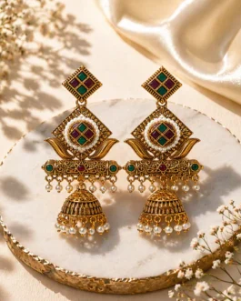 Premium Antique Gold-Plated Geometric Stone & Pearl Jhumka Earrings