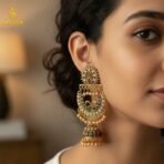 Peacock Motif Antique Gold Finish Chandbali Jhumka Earring - Image 2