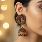 Royal Maroon Peacock Jhumka Earrings – Antique Gold Finish - Image 2