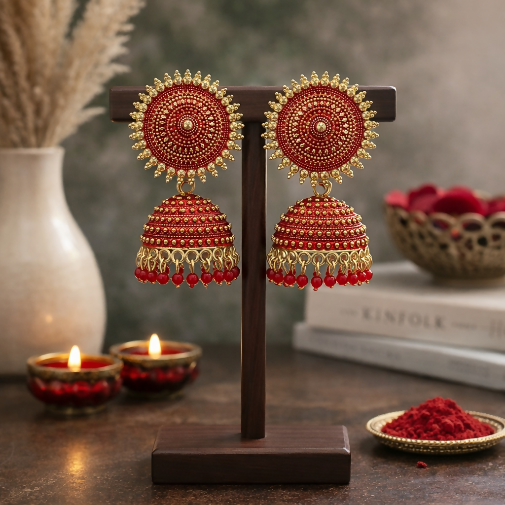 WmDI0BliW5.png TRADITIONAL ELEGANT OXIDISED JHUMKA EARINGS IN RED COLOUR - Image 1