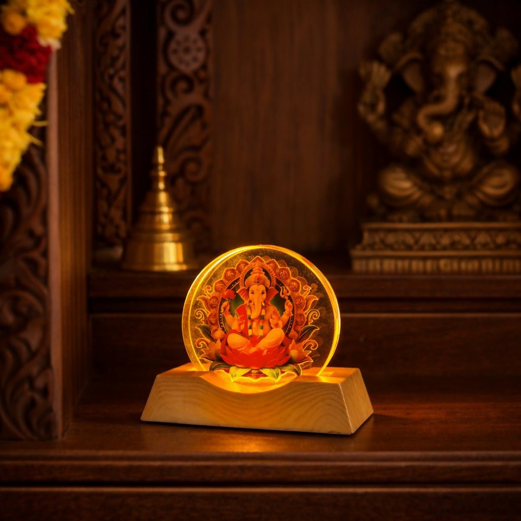 YDg8ddUWoI.jpg LED Lord Ganesha Acrylic Lamp with Wooden Base Spiritual Decor - Image 1