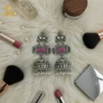 Royal Heirloom Oxidized Silver Jhumka Earrings with Blush Pink Stone Earring - Image 2