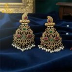 Antique Matte Gold Temple Earrings with Red-Green Stone Work & Pearl Drops | Traditional South Indian Bridal Jewelry.
