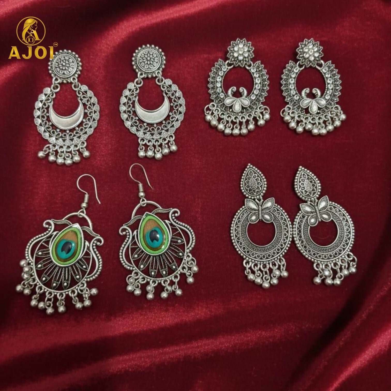 a4xclKCuib.jpg Traditional Oxidised Silver Earrings Combo Set for Women And Girls(PACK OF 4) - Image 1