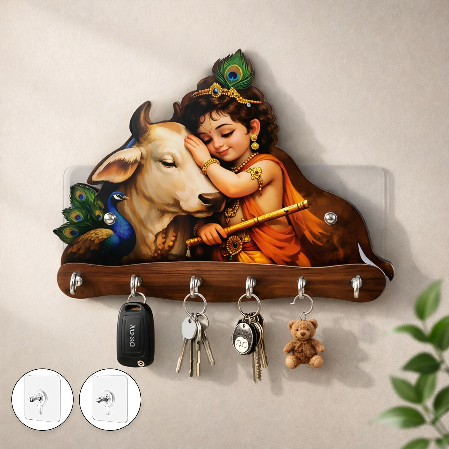 afSIUAjdJc.jpg Baby Krishna with Cow Wooden Wall Key Holder – 5 Hooks Organizer - Image 1