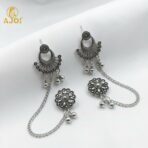 Oxidized Silver Ethnic Ear Cuff Chain Earrings with Studs | Traditional Boho Tribal Jewelry
