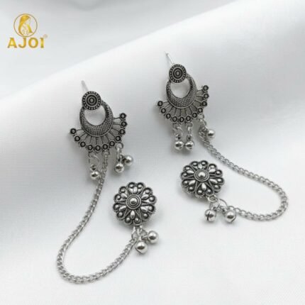 Oxidized Silver Ethnic Ear Cuff Chain Earrings with Studs | Traditional Boho Tribal Jewelry