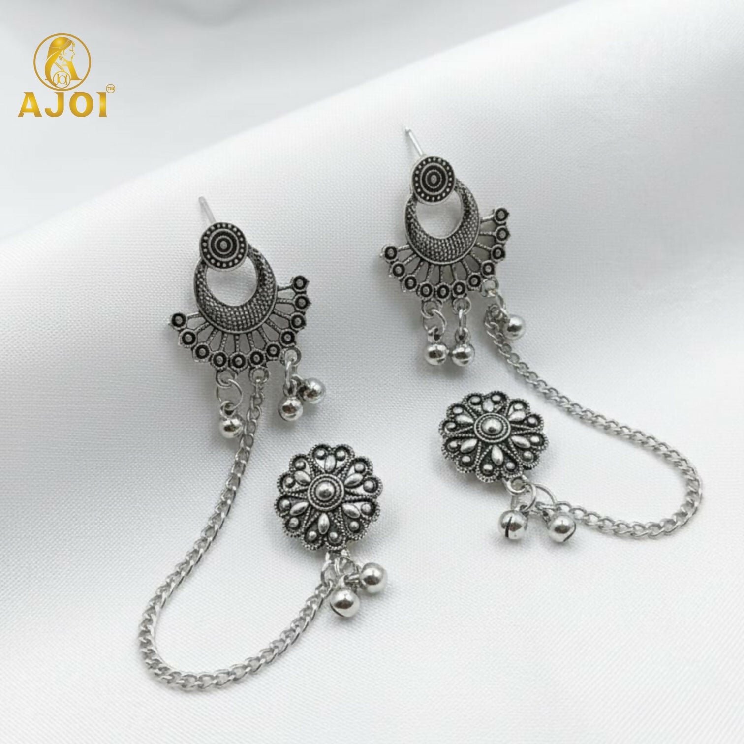 aoISwRCccV.jpg Oxidized Silver Ethnic Ear Cuff Chain Earrings with Studs | Traditional Boho Tribal Jewelry - Image 1