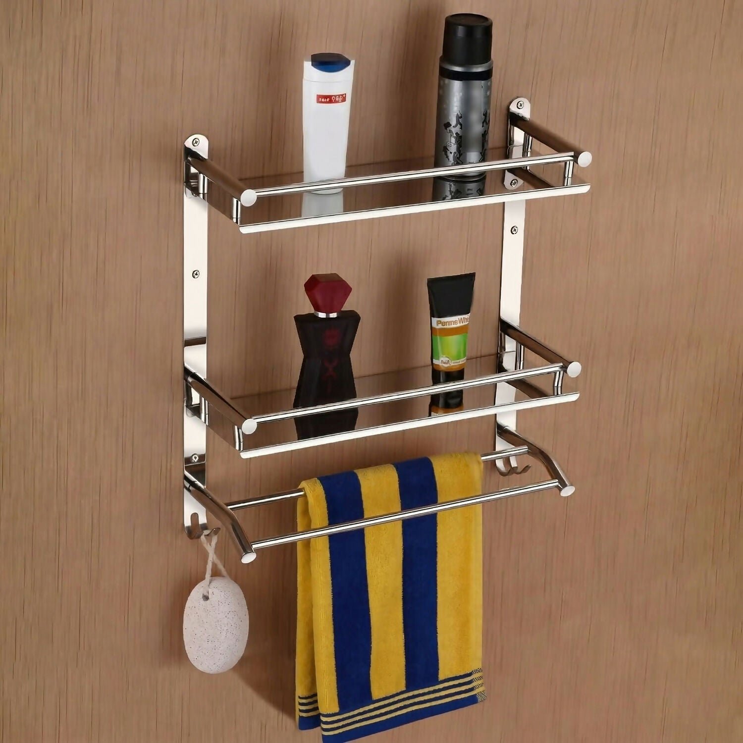 b6F1LiafB1.jpg Multipurpose Wall Mounted Bathroom Shelf Organizer with Towel Bar and Storage Rack - Image 1