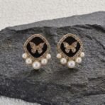 Luxury Butterfly Pearl Stud Earrings with Black Enamel & Crystals - Image 2