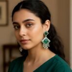 Oxidised Indian Dangler Earrings with Green Monalisa Stones - Image 2