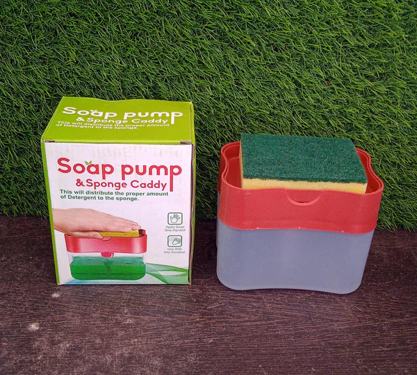 2-in-1 Liquid Soap Dispenser on Countertop with Sponge Holder - Image 2