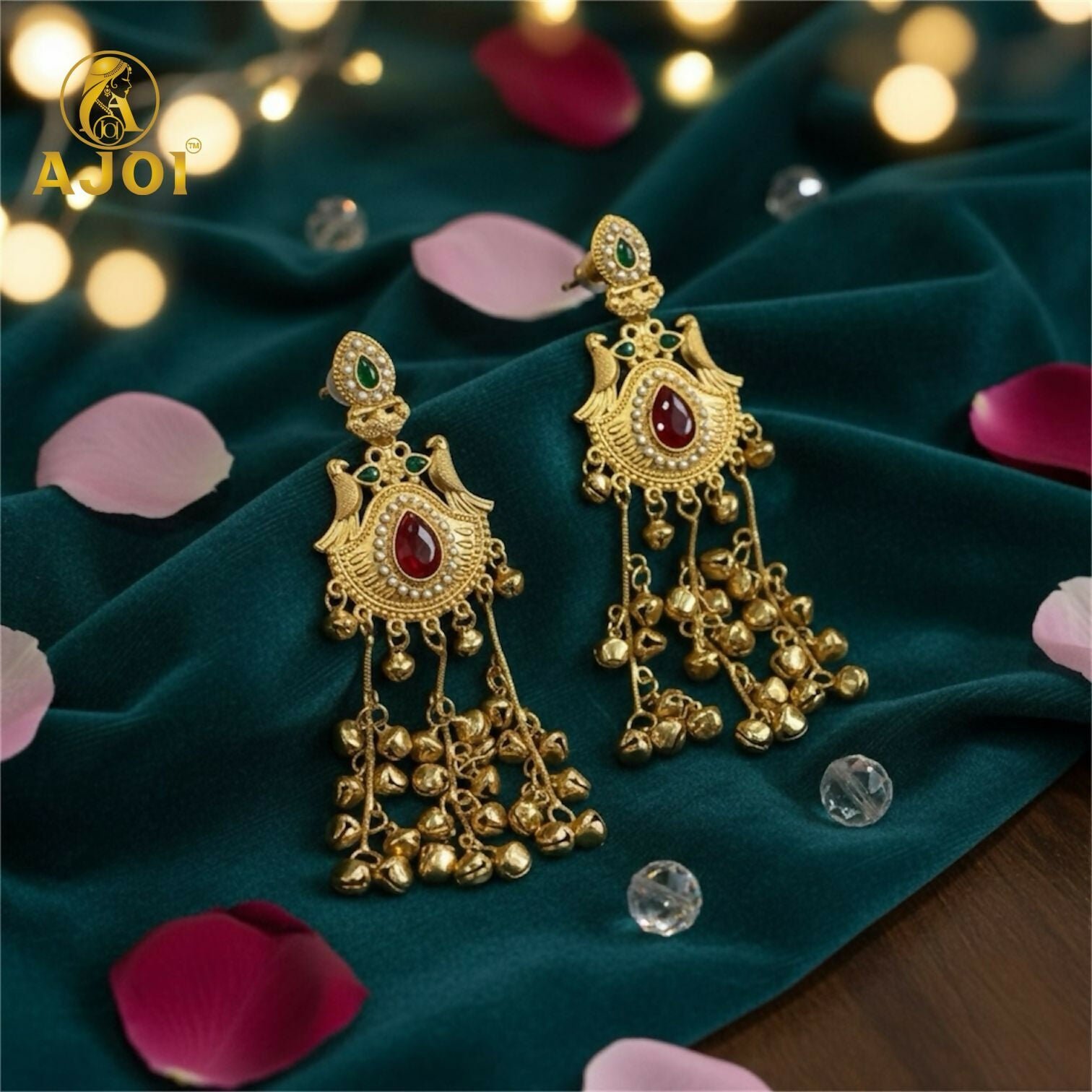 czUk0AFt6L.jpg Kashmiri Heritage Gold-Plated Dangler Earring with Red Teardrop Stone, Pearl Detailing & Ghungroo Chains. - Image 1