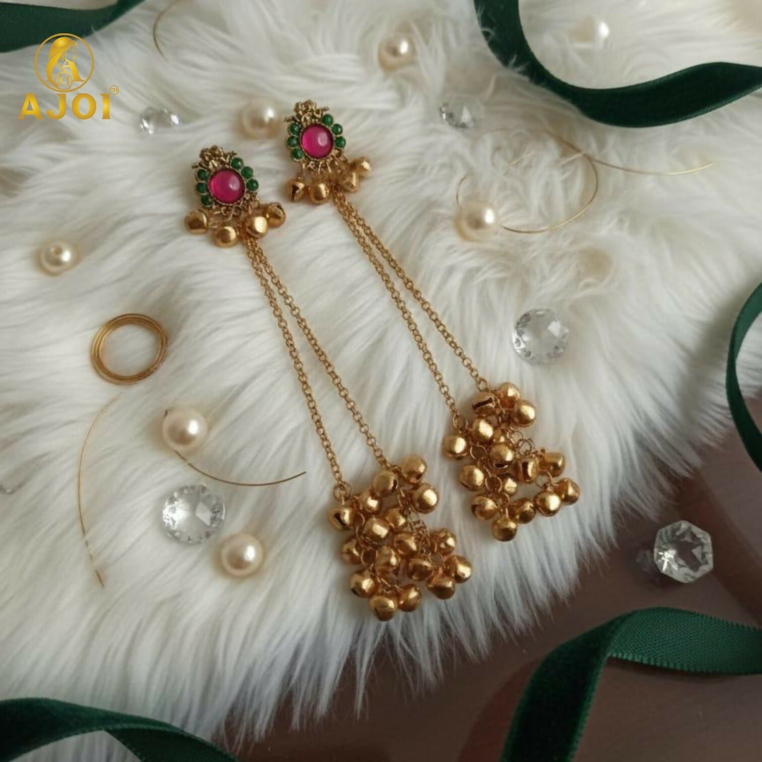 d2ozDX4br4.jpg Royal Kashmiri-Inspired Gold-Plated ERuby Pink & Emerald Green Stones, Dual Chain Ghungroo Drops - Image 1
