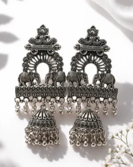 Premium Oxidized Silver-Plated Ethnic Elephant Motif Jhumka Earrings