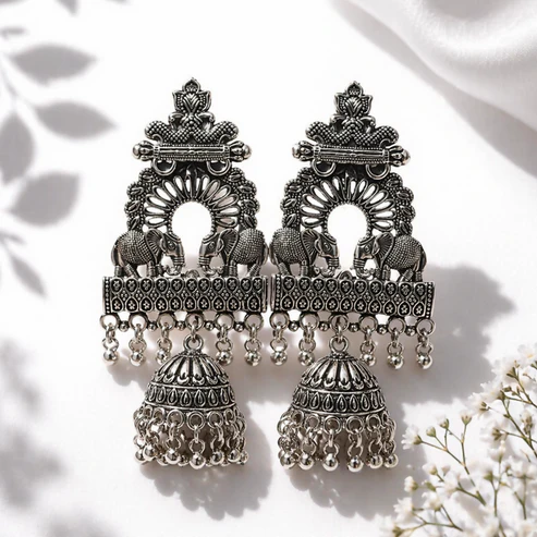 Premium Oxidized Silver-Plated Ethnic Elephant Motif Jhumka Earrings - Image 2