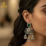 Premium Oxidised Silver Chandbali Jhumka Earrings with Green Stone - Image 2
