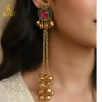 Royal Kashmiri-Inspired Gold-Plated ERuby Pink & Emerald Green Stones, Dual Chain Ghungroo Drops - Image 2