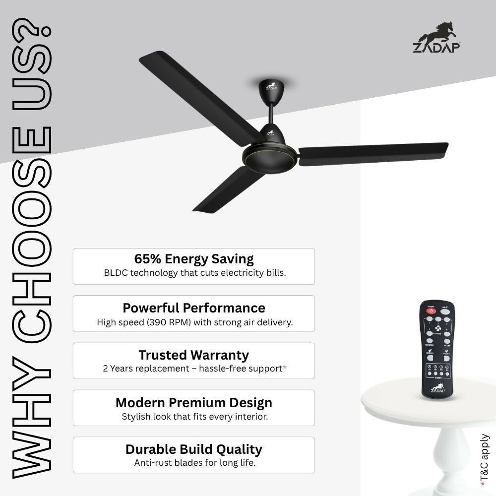 ZADAP CASA-Pro 1200mm BLDC Ceiling Fan with Remote | 28W Energy Saving | High Speed 390 RPM (Smoke Brown) - Image 4