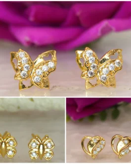 “Gold Butterfly & Heart Stud Earrings AD for women and girls Combo Pack of 3