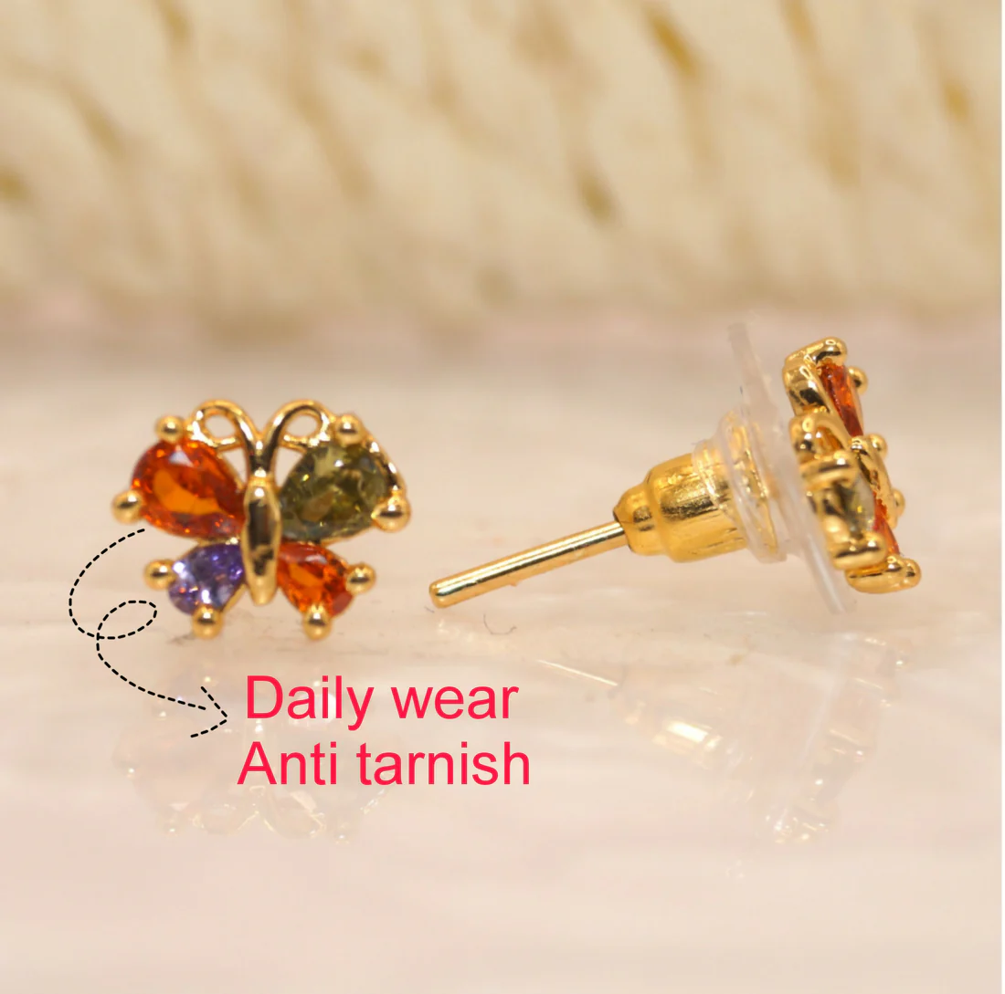 "Gold Plated Multicolored AD Butterfly Stud Earrings" for women and girls - Image 3