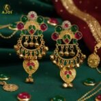 Kasmiri Gold-Plated Chandbali Earrings with Green & Pink Stones