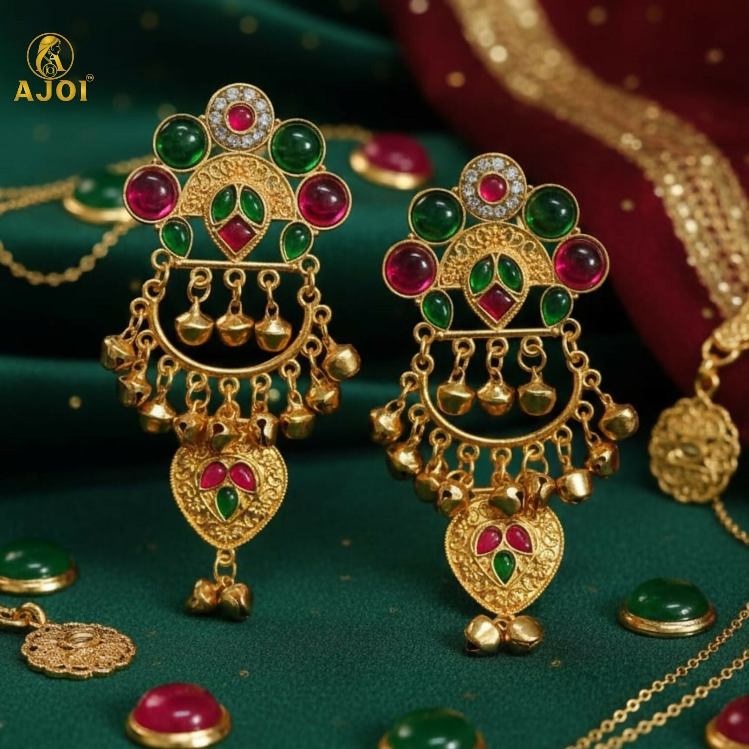 hMDbI6WTlk.jpg Kasmiri Gold-Plated Chandbali Earrings with Green & Pink Stones - Image 1
