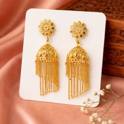 Traditional Gold Tone Floral Jhumka Earrings with Chain Tassels