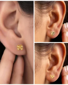 “Gold Butterfly & Heart Stud Earrings AD for women and girls Combo Pack of 3