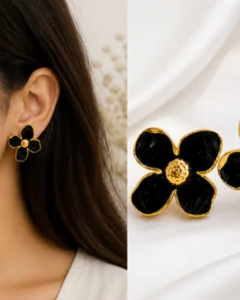 Black Floral Enamel Stud Earrings for Women Elegant Anti Tarnish Daily Wear