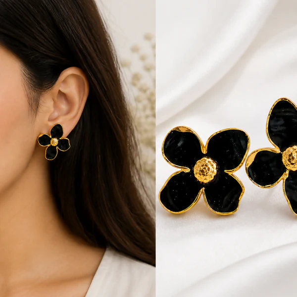 Black Floral Enamel Stud Earrings for Women Elegant Anti Tarnish Daily Wear - Image 2