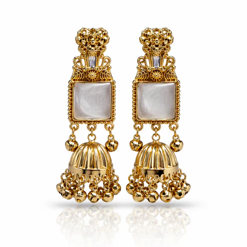 Premium Gold-Plated Traditional Pearl & Stone Jhumka Kashmiri Earrings - Image 4
