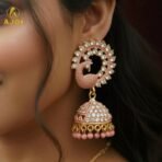 Peach Sparkle Peacock Stone Jhumka Earrings - Image 2