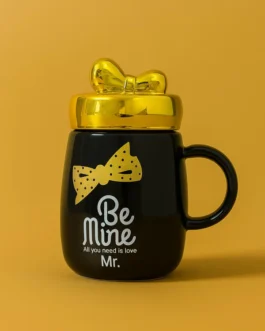 “Be Mine Mr. Black Ceramic Coffee Mug with Golden Lid and Bow Tie