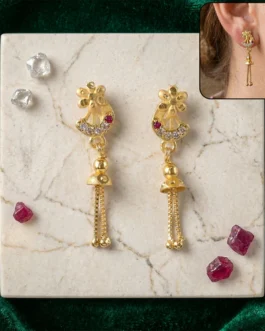 Traditional Gold-Plated Casting Chain Drop Earrings with Ruby and CZ Accents
