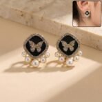 Luxury Butterfly Pearl Stud Earrings with Black Enamel & Crystals