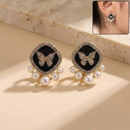 Luxury Butterfly Pearl Stud Earrings with Black Enamel & Crystals