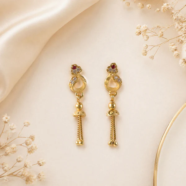 Gold-Plated Traditional Casting Chain Drop Earrings with Ruby and AD Stones - Image 3