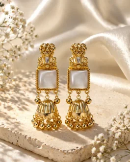 Premium Gold-Plated Traditional Pearl & Stone Jhumka Kashmiri Earrings
