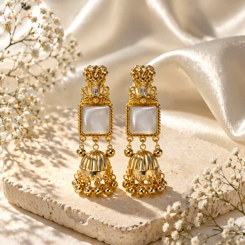 Premium Gold-Plated Traditional Pearl & Stone Jhumka Kashmiri Earrings