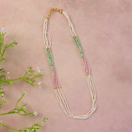 Layered Pearl Mala Necklace with Pastel Green & Pink Beads