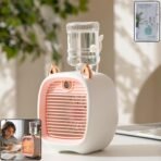 Portable Mini Air Cooler Fan with Mist Spray and USB Recharge - Image 2