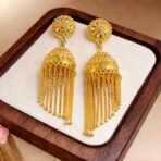 Traditional Gold Tone Jhumka Earrings with Red Bead Tassels - Image 2