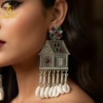 Oxidized Silver House-Shaped Earrings with Multicolor Stones & Shell Danglers - Image 2