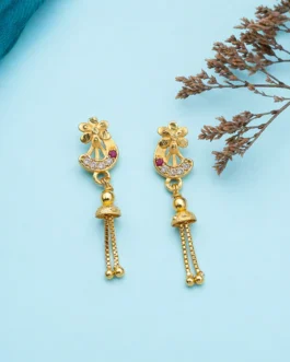 Traditional Gold-Plated Casting Chain Drop Earrings with Ruby and CZ Accents