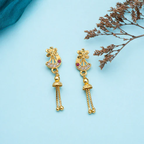 Traditional Gold-Plated Casting Chain Drop Earrings with Ruby and CZ Accents - Image 2